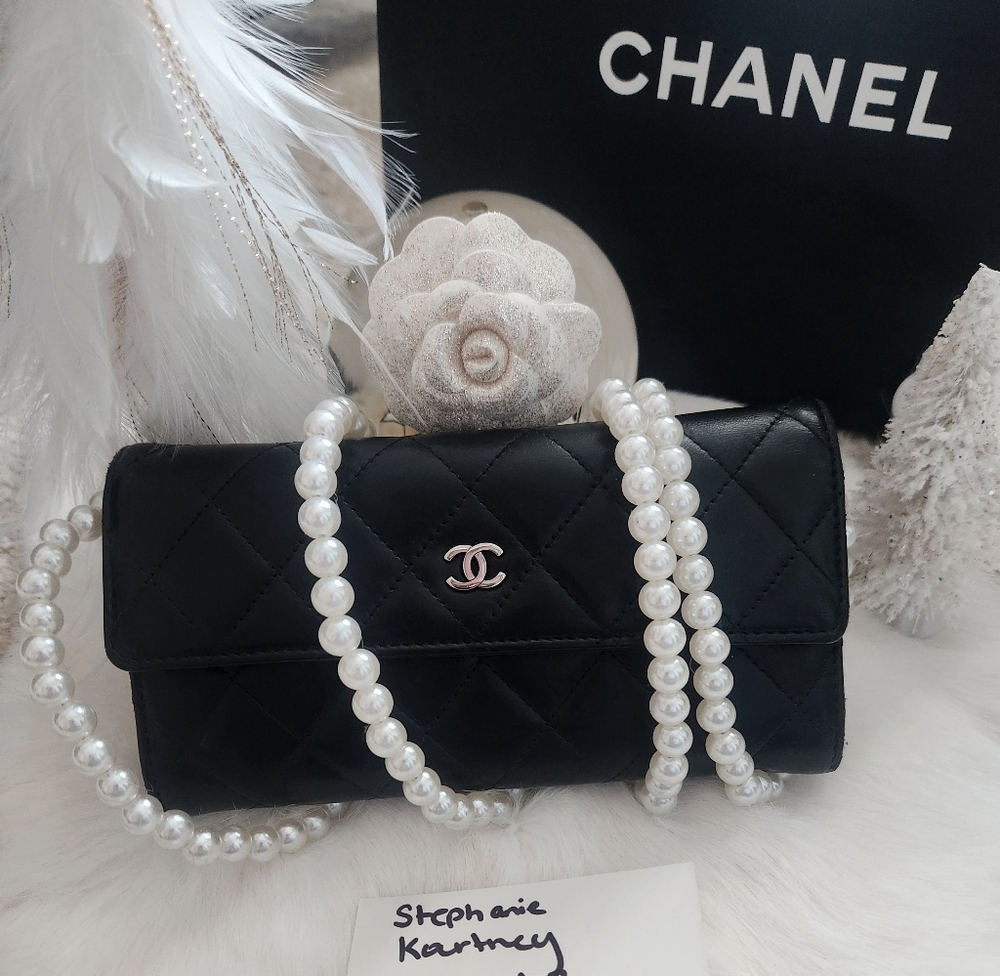 CHANEL Black Quilted Clutch/wallet with Pearl Accent